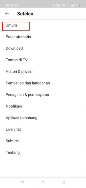 Cara mengaktifkan Dark mode di Youtube 3 Pilih dan tekan "umum"