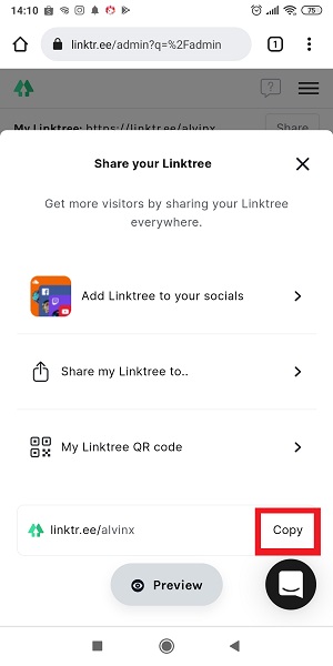 Tap "Copy" untuk meng-copy link menuju laman Linktree. 