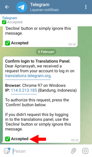 Berhasil Konfirmasi Telegram