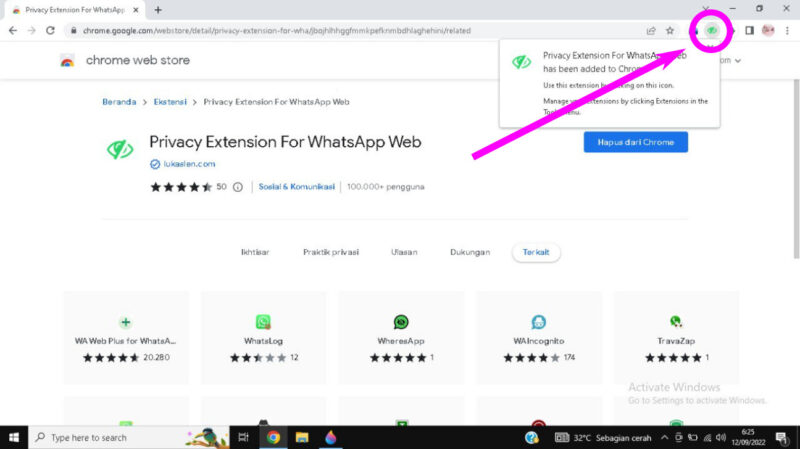 Setelah proses pemasangan selesai, ikon Privacy Extension akan muncul di pojok kanan atas browser.