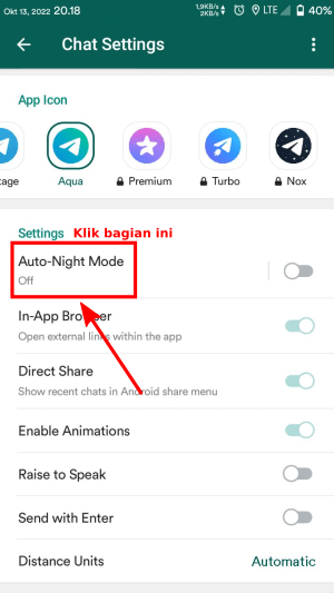 Tampilan "Chat Settings" Telegram.  Gulir halaman sampai bagian terbawah, lalu tab tulisan "Auto-Night Mode".