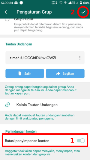 Tab tombol aktifkan untuk membatasi penyimpanan konten yang ada di grup kamu.