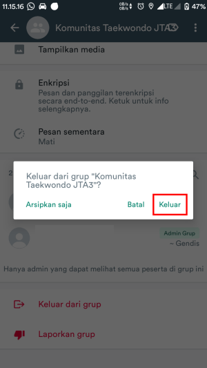 Langkah 4 untuk keluar komunitas Whatsapp adalah tab menu "keluar" di popup notifikasi konfirmasi.