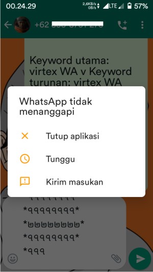 Whatsapp mengalami lag dan force close ketika sedang meloading jenis virtex WA ringan.
