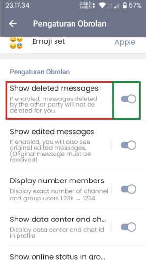 Tap tombol aktifkan untuk menu "Show Deleted Messages".