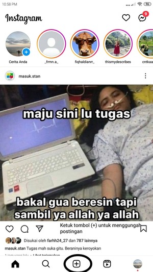 tekan tanda + untuk menggungah postingan foto maupun video