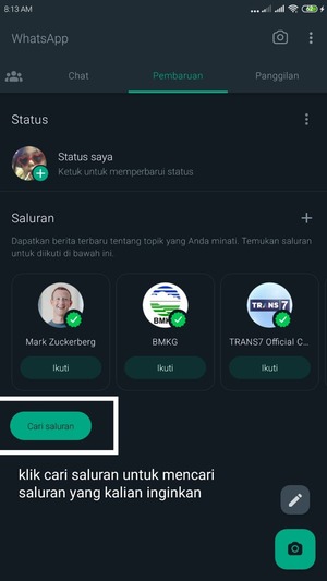 halaman pembaruan di whatsapp. pilih cari saluran untuk mencari saluran yang kalian inginkan