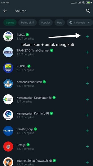 tekan ikon + untuk mengikuti saluran