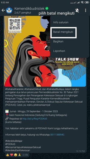 pilih batal mengikuti untuk menghapus saluran