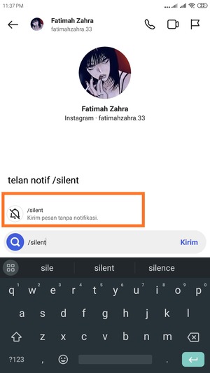 tampilan notif /silent pada dm instagram