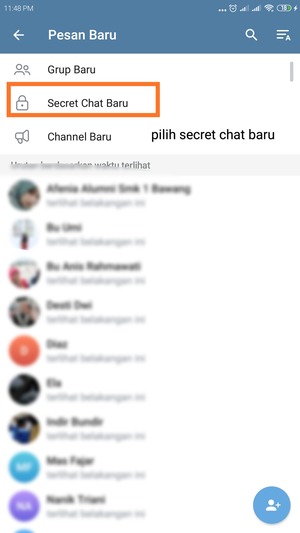 tampilan menu, pilihlah opsi secret chat baru