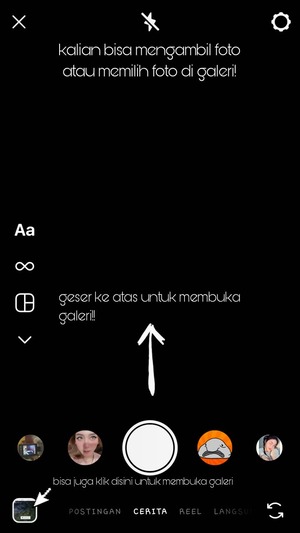 Kalian bisa mengambil foto terlebih dahulu atau memilih foto di galeri Instagram dengan cara menekan ikon kotak di pojok kiri bawah atau tarik layar keatas.
