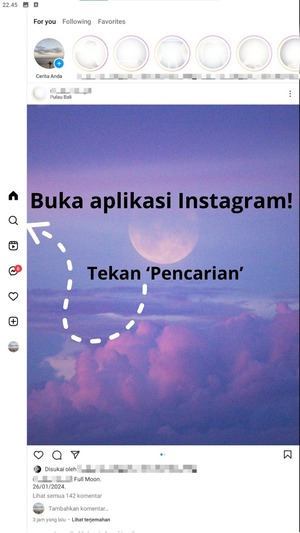 Buka aplikasi Instagram kalian. 2. Tekan kolom ’Pencarian’ ketik nama akun creator Instagram yang ingin kalian ikuti Saluran Siarannya.