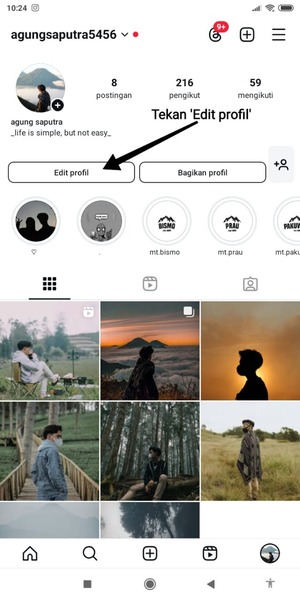 Klik ‘Edit profil’ dibawah bio Instagram.