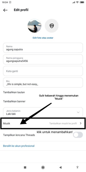 Gulir kebawah hingga menemukan fitur ‘Musik’ Klik ‘Musik’ untuk menambahkan music ke profil