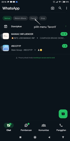 Buka aplikasi WhastApp. Pilih menu ‘Favorit’