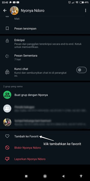 Gulir kebawah hingga menemukan ikon cinta atau ‘Tambahkan ke Favorit’ Klik ‘Tambahkan ke Favorit’ untuk menambahkan obrolan atau grup ke menu favorit.