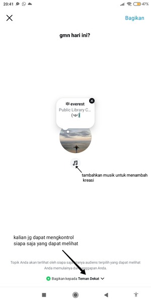 Pilihlah music untuk menambah kreasi di Prompt kalian.
Kalian dapat mengontrol siapa saja yang dapat melihat Prompt yang telah dibuat.
Bagikan Prompt.
